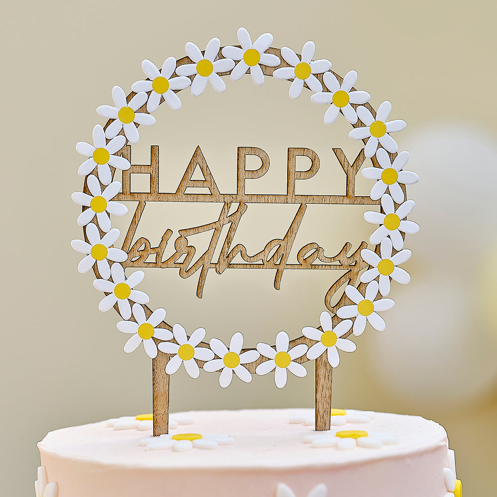 Wooden Happy Birthday Cake Topper with Daisies