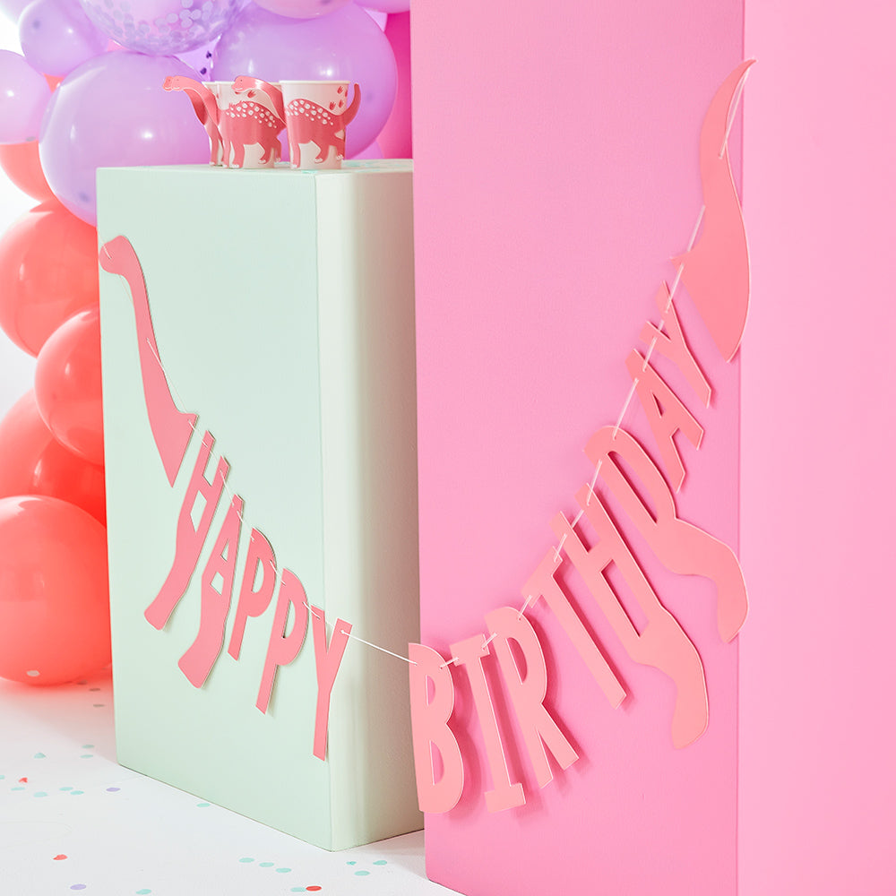 Pink Happy Birthday Dinosaur Shaped Bunting