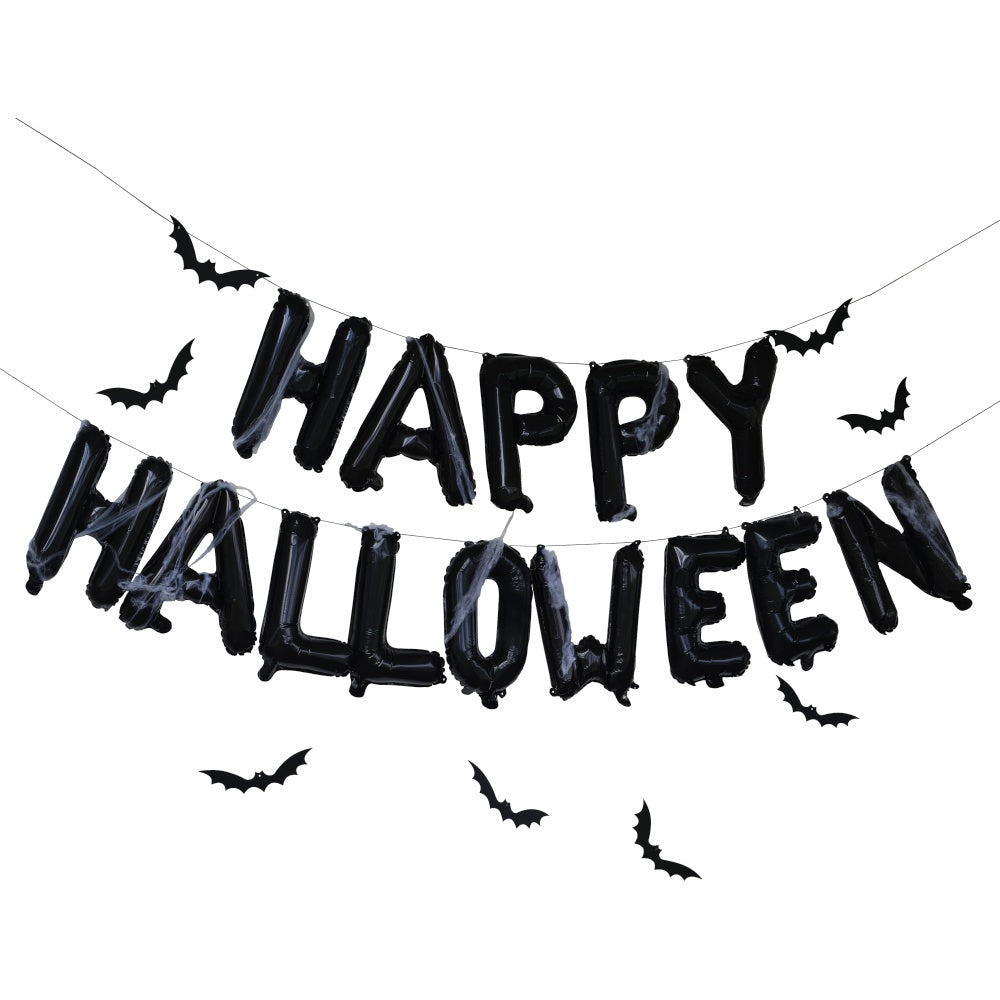Happy Halloween Balloon Bunting with Hanging Bats and Cobwebs