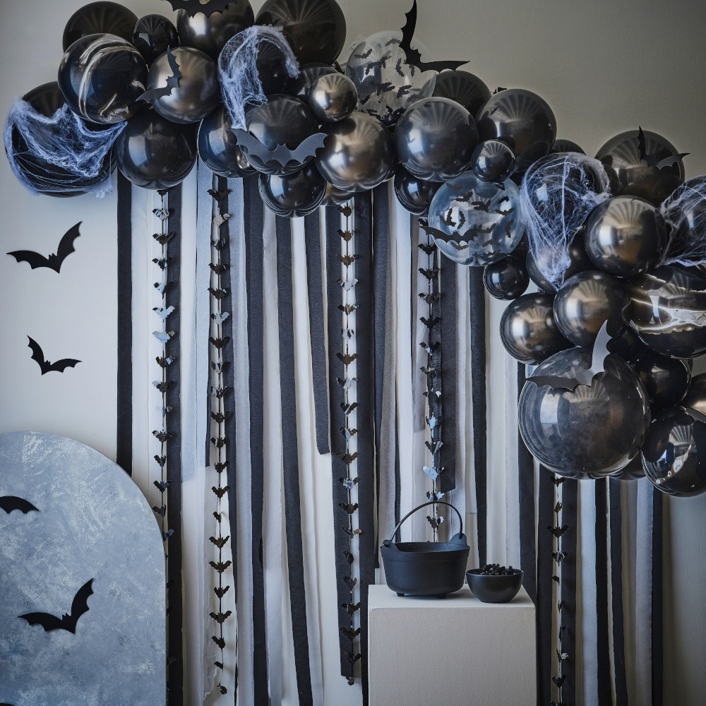 Halloween Balloon Arch Backdrop with Streamers, Cobwebs & Bats