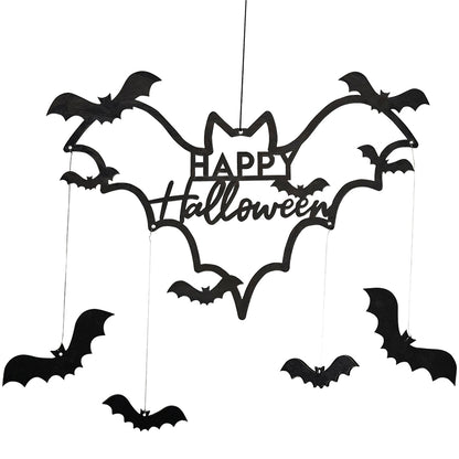 Black Wooden Bat Happy Halloween Wreath