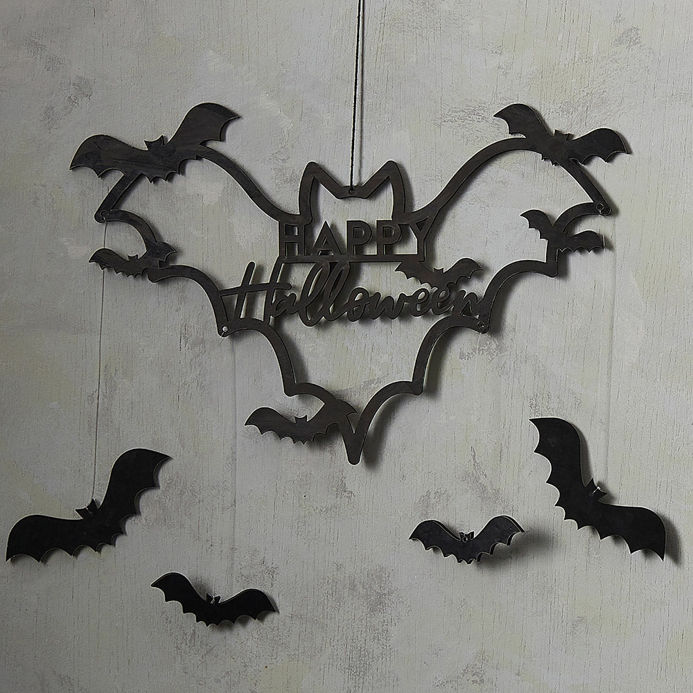 Black Wooden Bat Happy Halloween Wreath