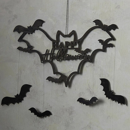 Black Wooden Bat Happy Halloween Wreath