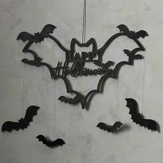 Black Wooden Bat Happy Halloween Wreath