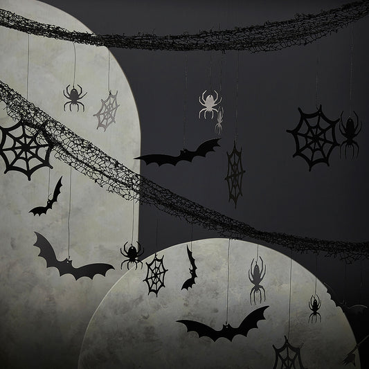 Halloween Backdrop With Hanging Spiders, Bats & Cobwebs