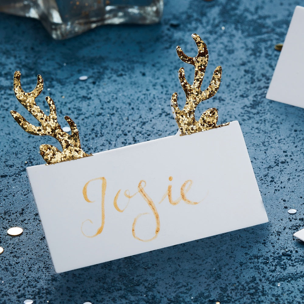 Gold Glitter Antler Shaped Christmas Place Cards