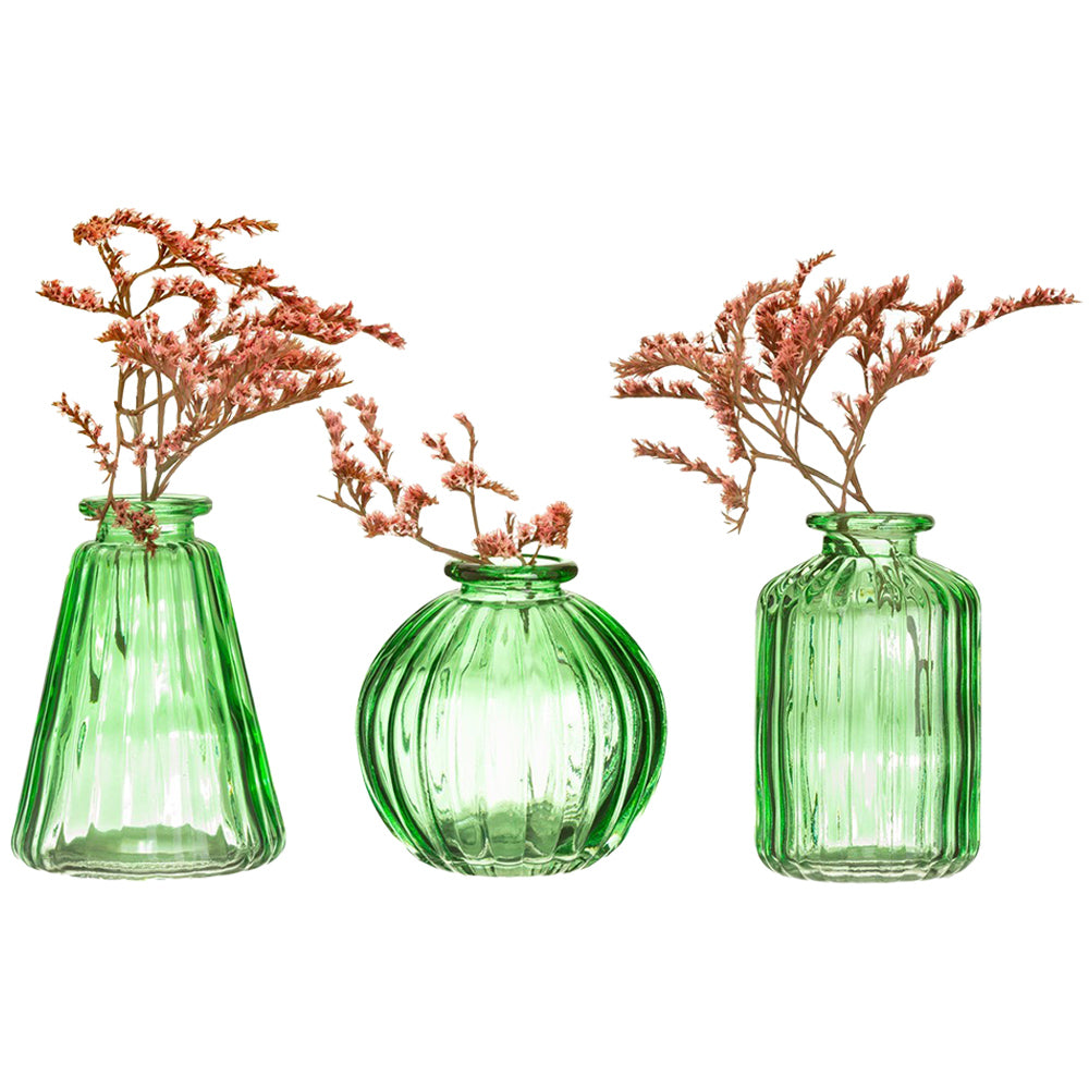 Set of 3 Green Glass Bud Vases