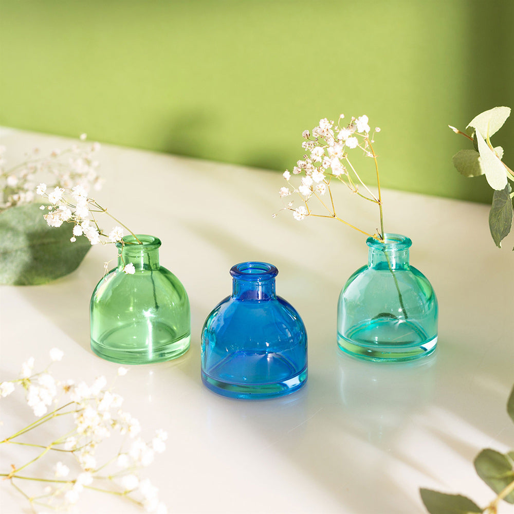 Set of 3 Cool Toned Mini Bud Vases - Green, Light Blue and Dark Blue