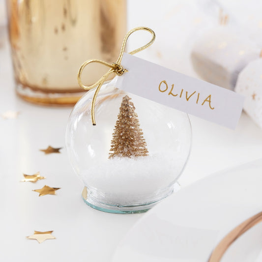 Gold Tree Snow Globe Christmas Place Cards