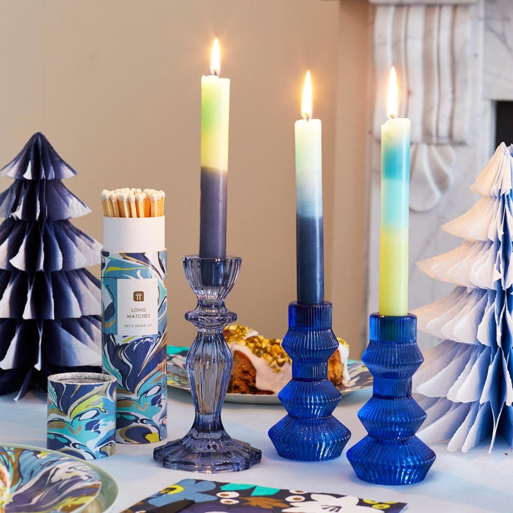 Marble 3 Tone Ombre Blue, Yellow and Green Dinner Candles