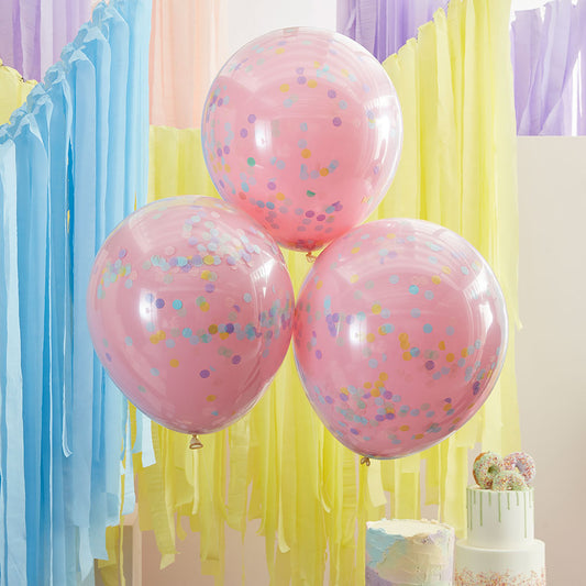 Double Layered Pink and Pastel Rainbow Confetti Balloons