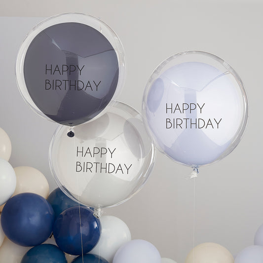 Blue & Grey Double Layered Happy Birthday Balloon Bundle