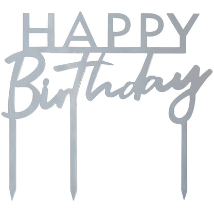 Silver Acrylic Happy Birthday Cake Topper