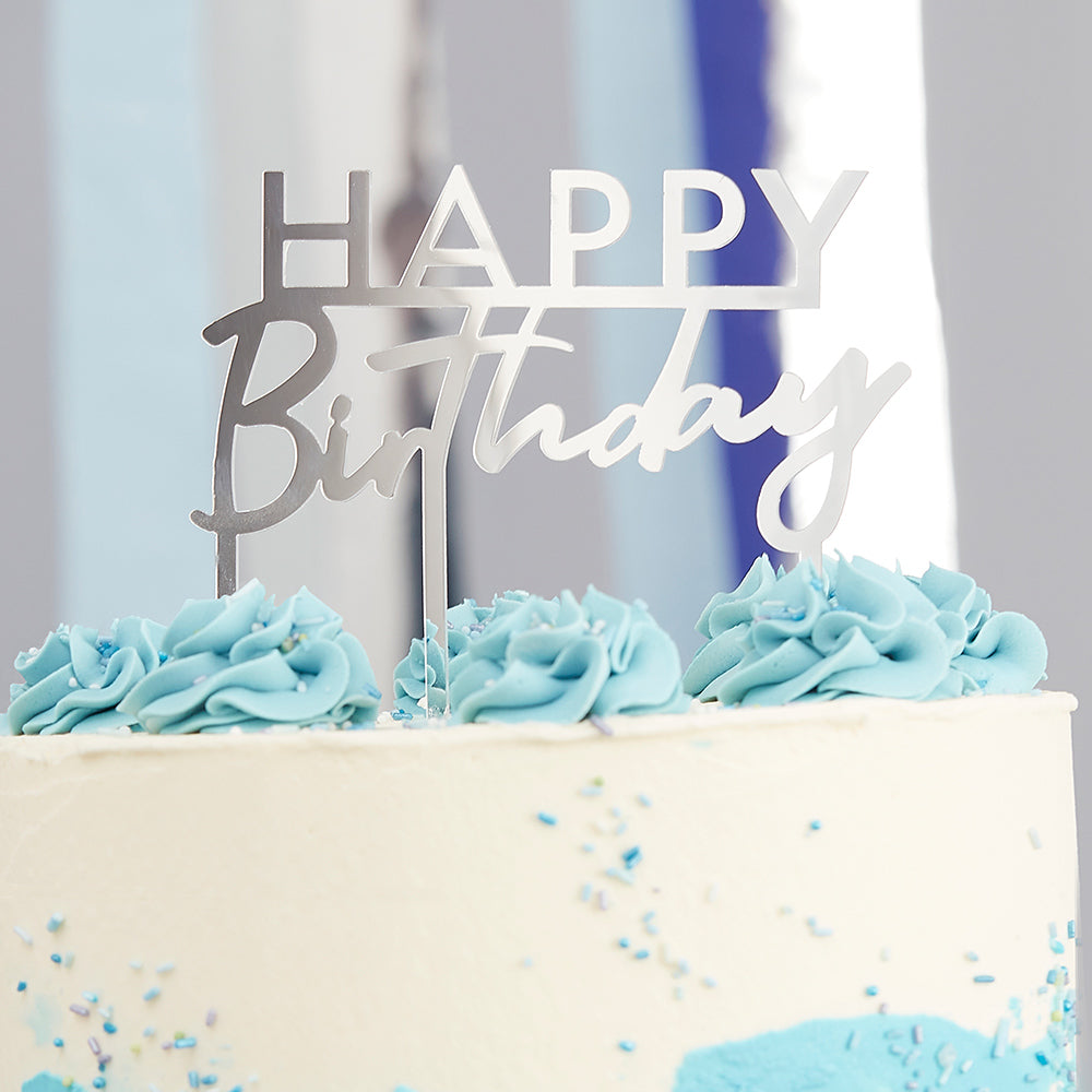 Silver Acrylic Happy Birthday Cake Topper