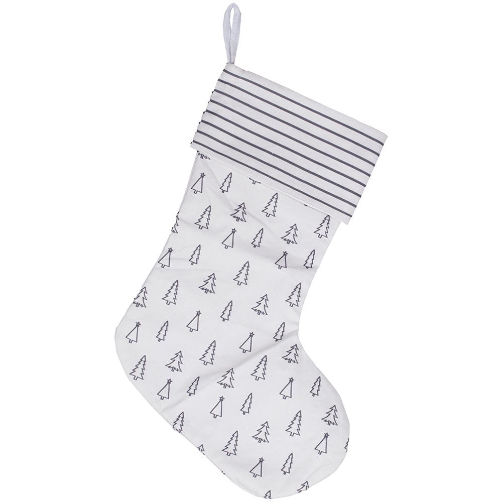 Grey Tree and Stripe Printed Christmas Stocking