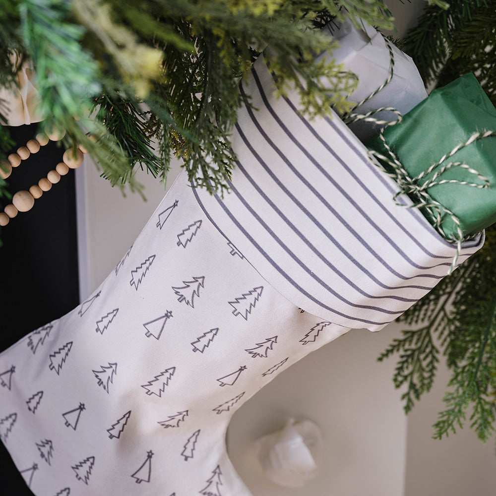 Grey Tree and Stripe Printed Christmas Stocking