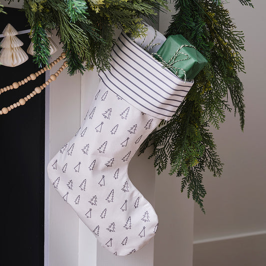 Grey Tree and Stripe Printed Christmas Stocking