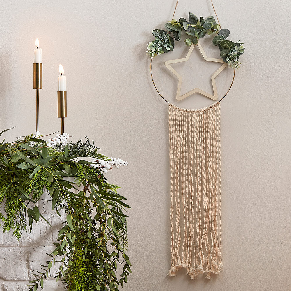 Wooden Hoop & Star Macrame Wall Hanging Wreath