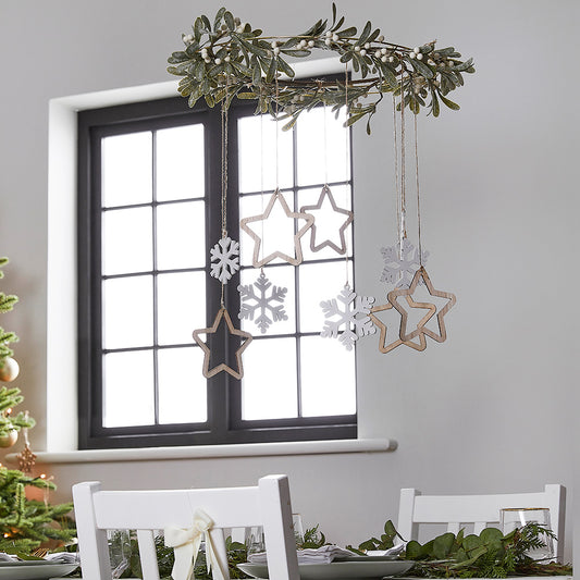 Gold Hanging Hoop Decoration With Mistletoe, Snowflakes and Stars