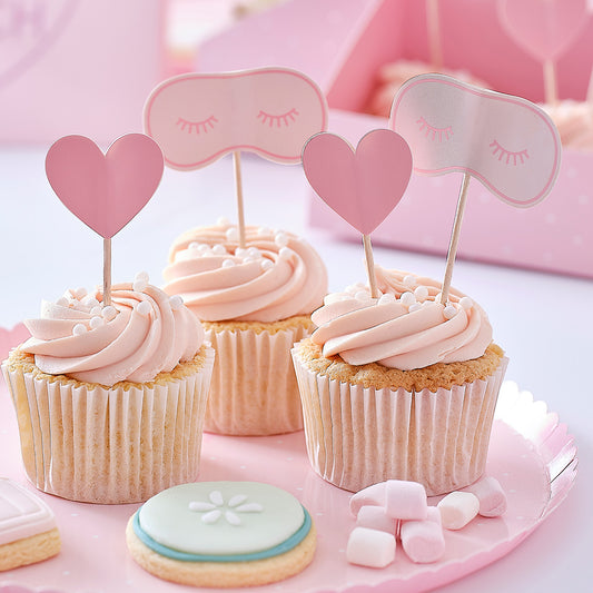 Pink Eye Mask & Heart Pamper Party Cupcake Toppers