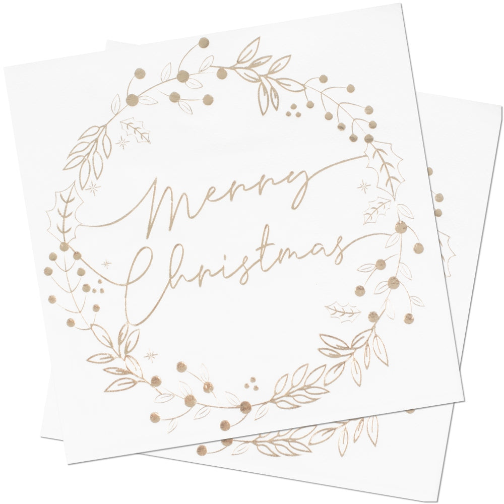 Gold Foiled Merry Christmas Wreath Paper Napkins