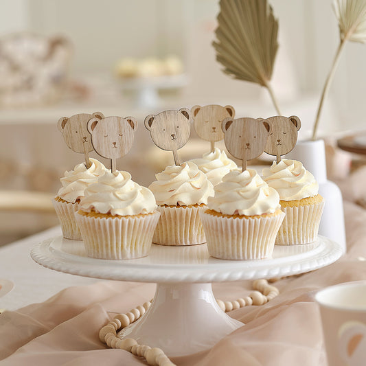 Wooden Teddy Bear Baby Shower Cupcake Toppers