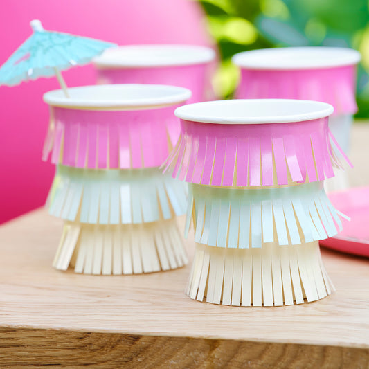Hawaiian Tassel Fringe Paper Cups with Flower Toppers