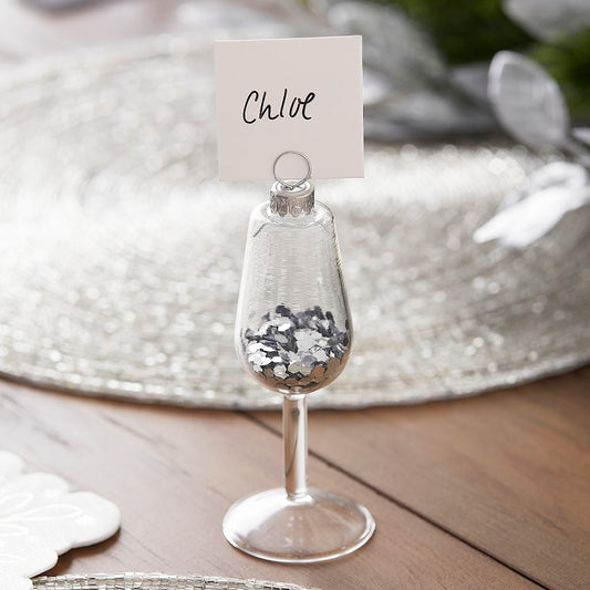 Silver Glitter Filled Wine Glass Christmas Place Card Holders