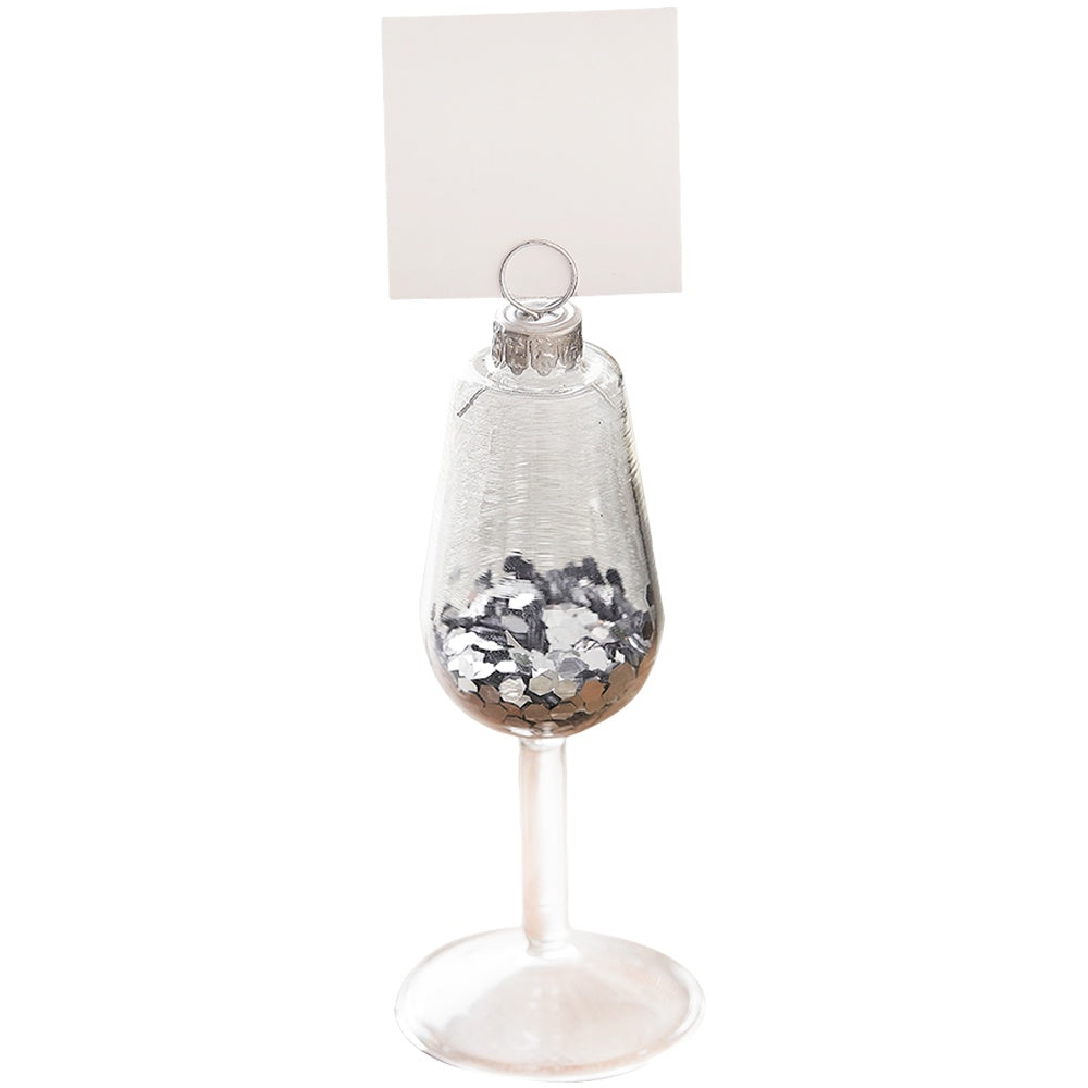 Silver Glitter Filled Wine Glass Christmas Place Card Holders