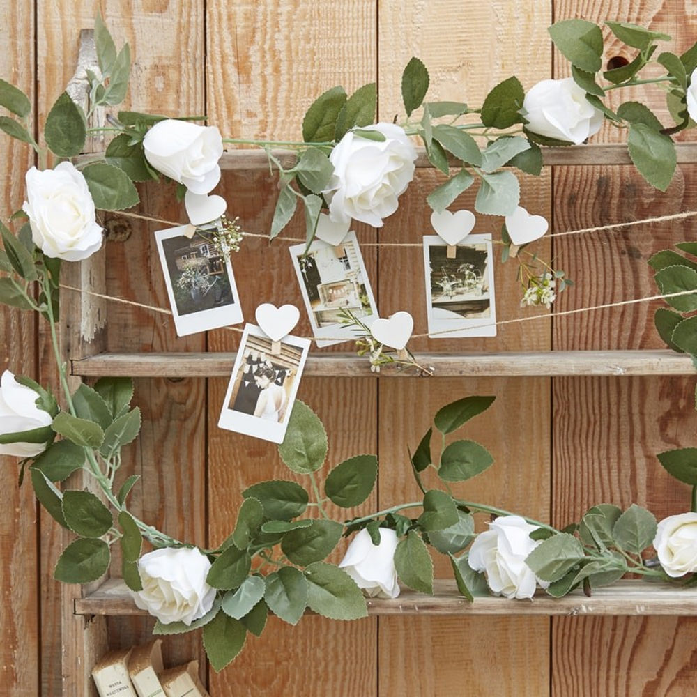 Decorative White Rose Flower Artificial Foliage Garland - Ginger Ray - Party Touches