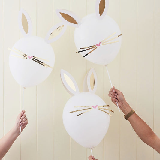White Balloons With Gold Foiled Stick on Whiskers and Ears - Ginger Ray - Party Touches