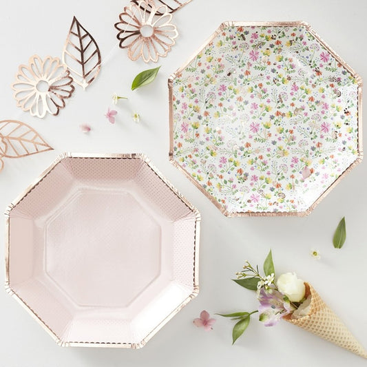 Rose Gold Foiled Floral Paper Plates - Ginger Ray - Party Touches