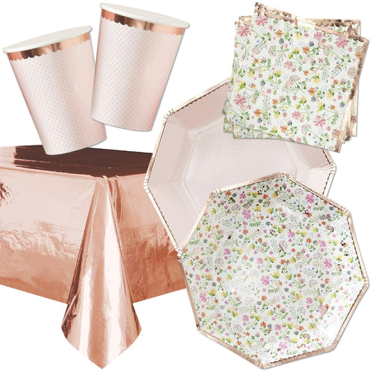 Rose Gold Floral Party Tableware Bundle - 8 Guests - Ginger Ray - Party Touches