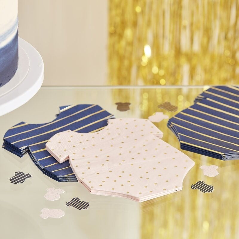 Gold Foiled Pink and Navy Baby Grow Gender Reveal Party Napkins - Ginger Ray - Party Touches