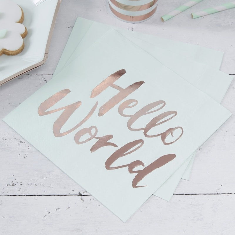 Mint & Rose Gold Hello World Paper Napkins - Ginger Ray - Party Touches