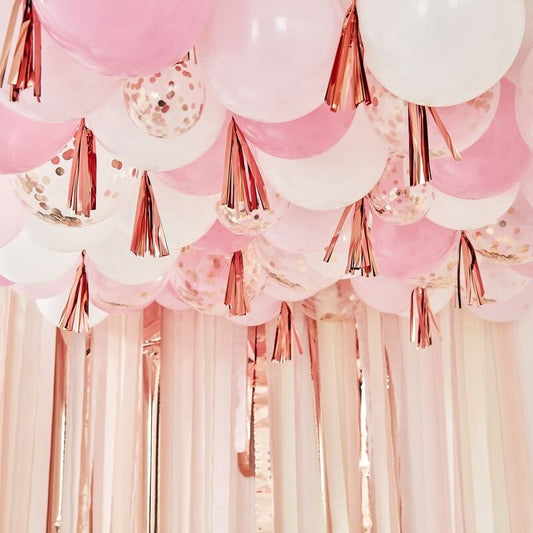 Blush, White and Rose Gold Ceiling Balloons With Tassels - Ginger Ray - Party Touches