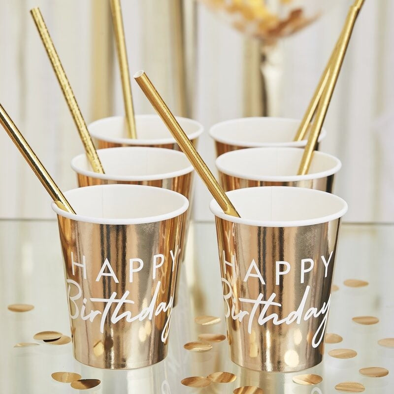 Gold Happy Birthday Party Cups - Ginger Ray - Party Touches