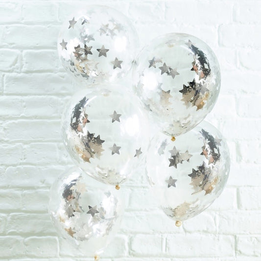 Silver Star Shaped Confetti Filled Balloons - Ginger Ray - Party Touches