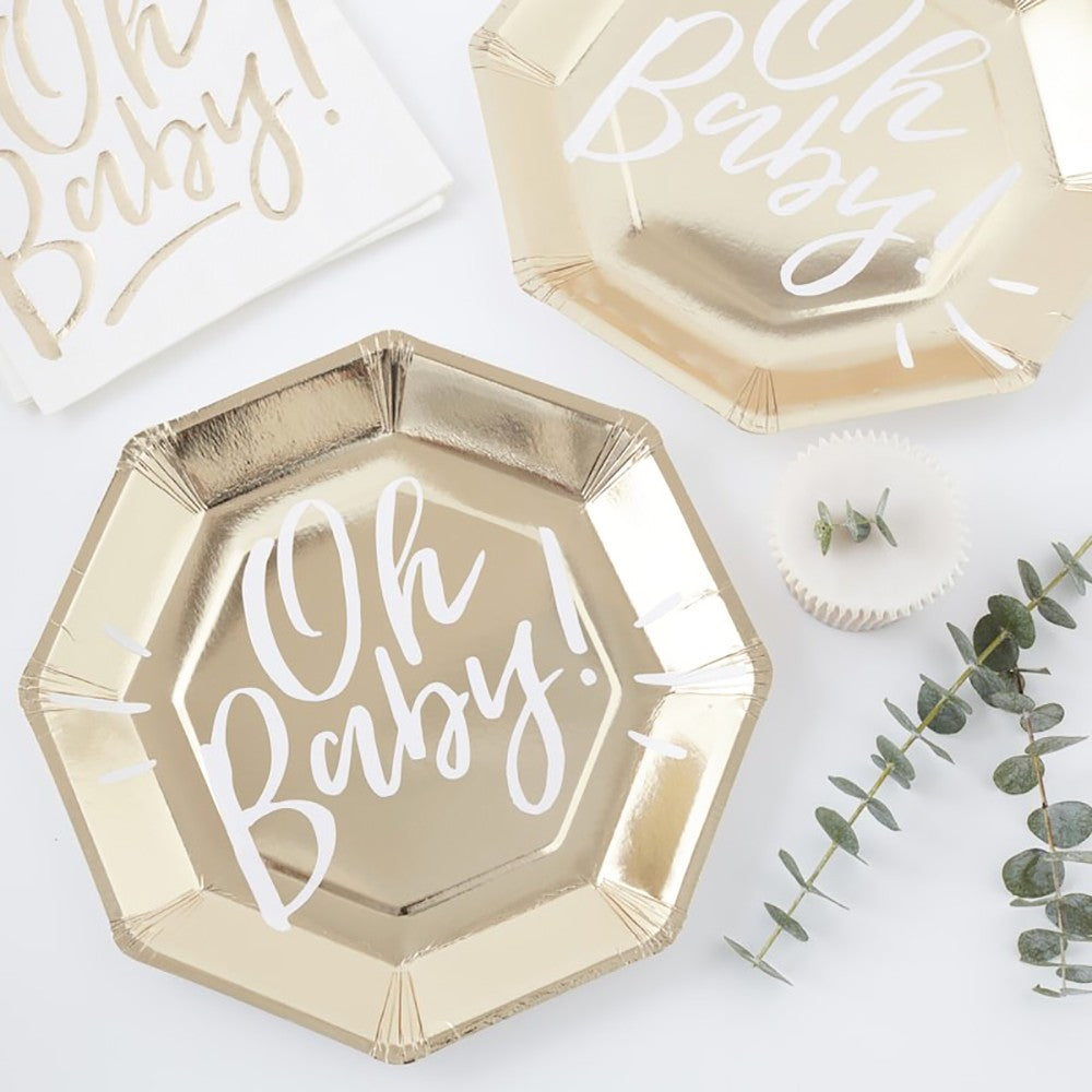 Gold Foiled Oh Baby! Paper Plates - Ginger Ray - Party Touches