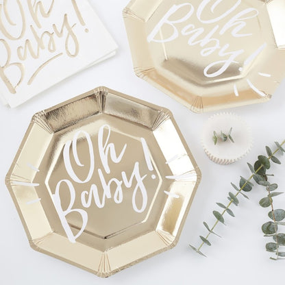 Gold Foiled Oh Baby! Paper Plates - Ginger Ray - Party Touches