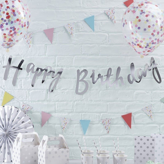 Silver Happy Birthday Banner Bunting - Ginger Ray - Party Touches