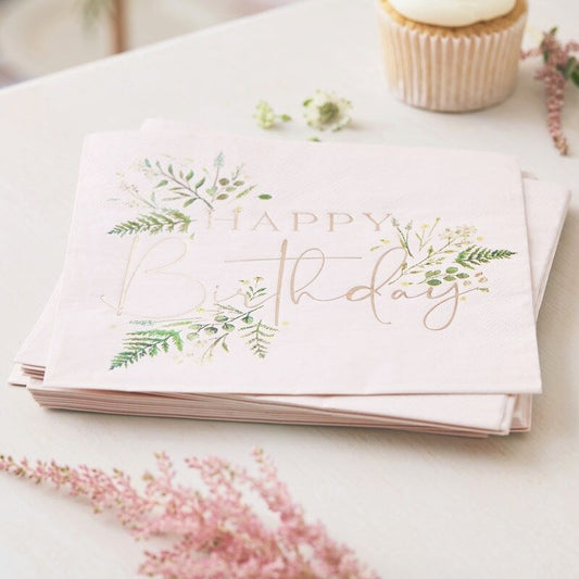 Floral Pink Happy Birthday Napkins - Ginger Ray - Party Touches