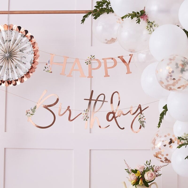 Floral Rose Gold Happy Birthday Banner - Ginger Ray - Party Touches