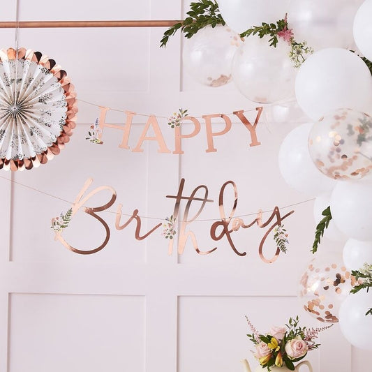 Floral Rose Gold Happy Birthday Banner - Ginger Ray - Party Touches